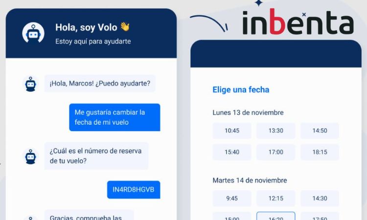 Asistente virtual solicita información de vuelo; usuario responde. Pantalla a la derecha muestra opciones de fechas y horas. Texto: "Hola, soy Volo", "inbenta".