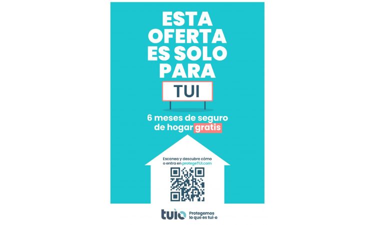 Oferta: "Esta oferta es solo para TUI". Acci&oacute;n: Promoci&oacute;n de 6 meses de seguro de hogar gratis. Contexto: Fondo azul con QR y logo Tuio.