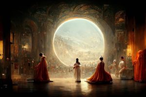 Personas elegantemente vestidas contemplan un vasto paisaje a trav&eacute;s de un portal circular luminoso en un entorno palaciego; atm&oacute;sfera de misterio.