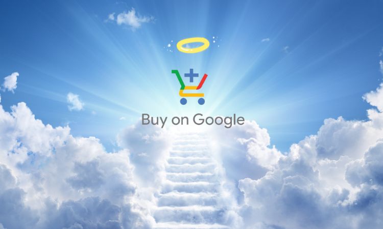 Imagen de una escalera de nubes que asciende hasta el cielo, en lo alto aparece el logo de Buy on Google con una aureola encima