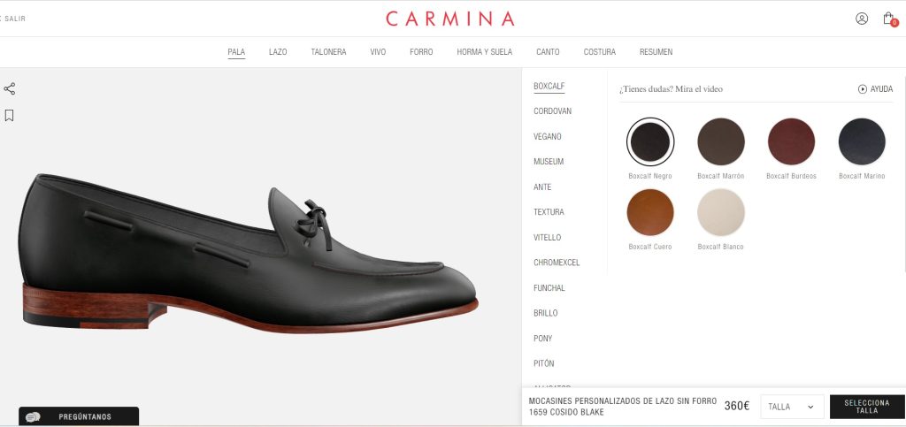 Zapato mocas&iacute;n negro con lazo, estilo elegante. Fondo blanco. Opciones de color y materiales a la derecha. Precio: 360&euro;. Marca: Carmina.