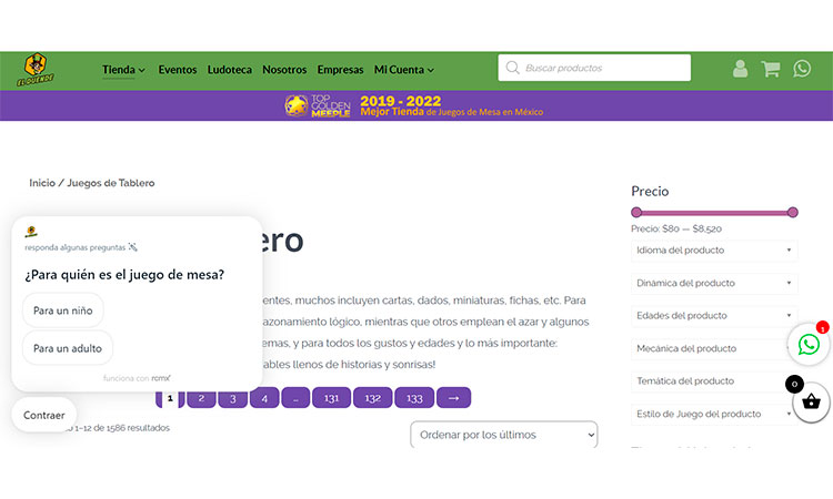 P&aacute;gina web de tienda de juegos de mesa; muestra encabezado con men&uacute;, filtro de precios, opciones sobre destinatarios; preguntas como "&iquest;Para qui&eacute;n es el juego de mesa?"