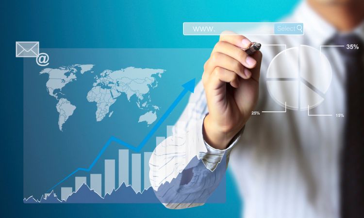 Pantalla táctil con símbolos de mercado ascendentes