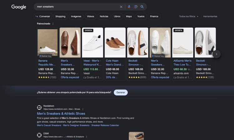 B&uacute;squeda de zapatillas para hombres en Google; muestra anuncios de varios estilos y precios de diferentes marcas. Texto: &ldquo;&iquest;Quieres obtener una sinopsis... b&uacute;squeda?&rdquo;