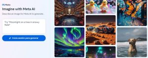 Pantalla de Meta AI presenta im&aacute;genes creativas; biblioteca m&aacute;gica, patos, mariposa, auroras boreales, aventuras en el desierto y perro en el mar. Texto: "Imagine with Meta AI. Describe or image for Meta AI to generate. Try 'Moonlight on a river in snowy field'. Visita amistad para generar".