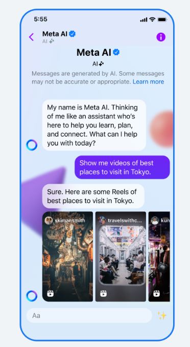 Chat de IA en un tel&eacute;fono mostrando un asistente virtual conversando sobre lugares para visitar en Tokio con videos de "Reels".