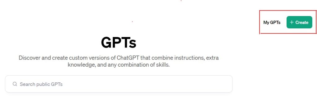 La p&aacute;gina muestra "GPTs", invitando a descubrir y crear versiones personalizadas de ChatGPT. Hay un buscador y botones "My GPTs" y "Create".