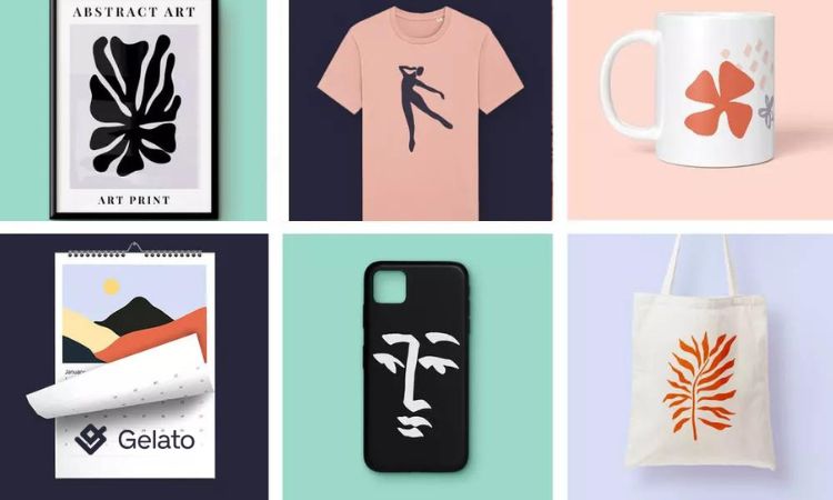 Cuadro abstracto enmarcado, camiseta con figura danzante, taza con flor, calendario con paisaje, carcasa de móvil con rostro, bolsa con diseño botánico. Texto: "Gelato".