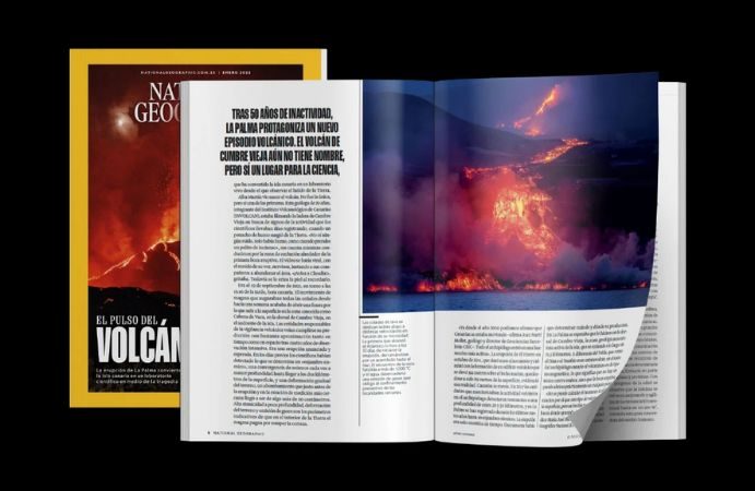 Revista abierta muestra erupci&oacute;n volc&aacute;nica nocturna, con lava iluminando paisajismo. Texto: "Tras 50 a&ntilde;os de inactividad, La Palma protagoniza un nuevo episodio volc&aacute;nico."