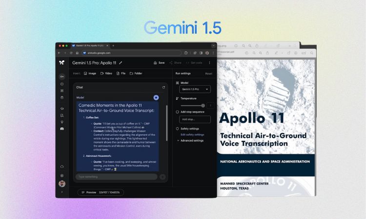 Sobre un fondo azul, lila y blanco degradado se ve una captura de pantalla de uso de Gemini 1.5 Pro y, sobre esta, el logo de este modelo de IA