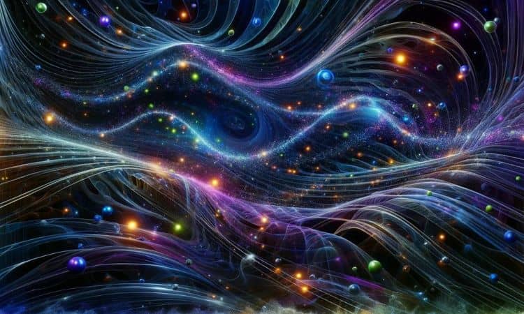 Ondas de luz multicolor fluyen creando un patr&oacute;n vibrante; puntos luminosos flotan en un fondo oscuro, evocando un cosmos creativo y din&aacute;mico.