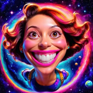 Una caricatura de rostro sonriente flota en un vibrante espacio c&oacute;smico; el fondo tiene galaxias y planetas, ideal para ilustraci&oacute;n creativa.