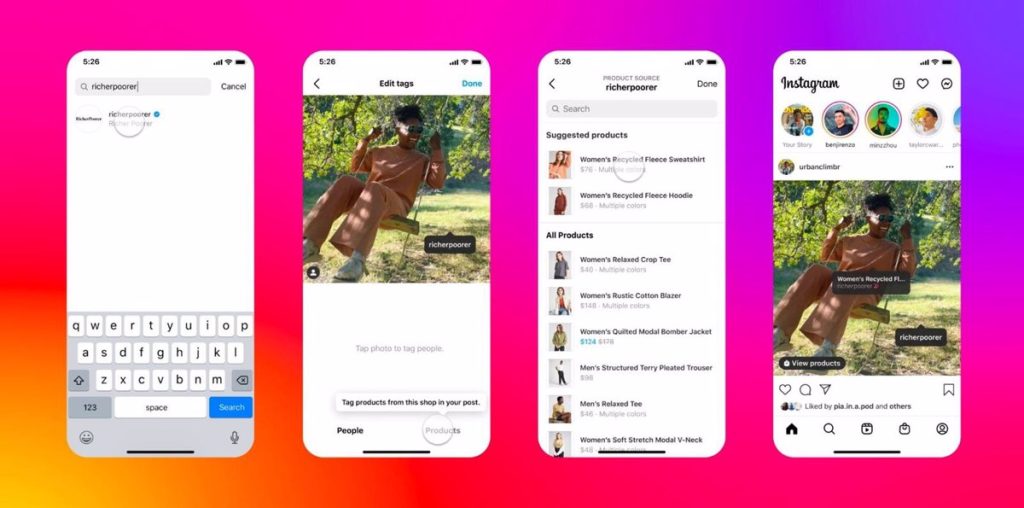 B&uacute;squeda de productos en Instagram, etiquetado, selecci&oacute;n de ropa, usuario sentado al aire libre. Fondos de color vibrante, dise&ntilde;o de interfaz m&oacute;vil.