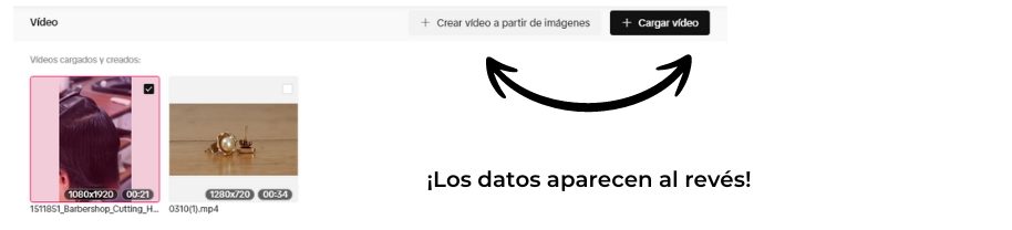 Bot&oacute;n "Cargar video" y dos previsualizaciones de video. Texto superpuesto: "&iexcl;Los datos aparecen al rev&eacute;s!" Ideal para optimizaci&oacute;n de contenido visual.