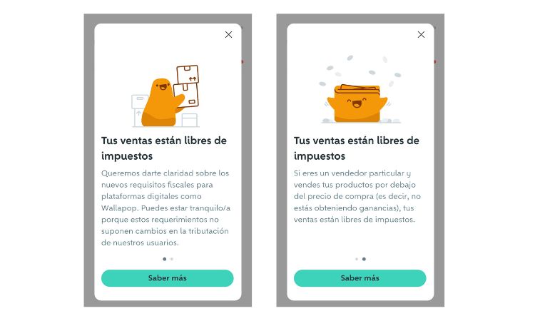 Dibujo de personaje feliz sosteniendo caja en la pantalla izquierda, explicando requisitos fiscales en plataformas. Texto: "Tus ventas est&aacute;n libres de impuestos." Bot&oacute;n "Saber m&aacute;s".
