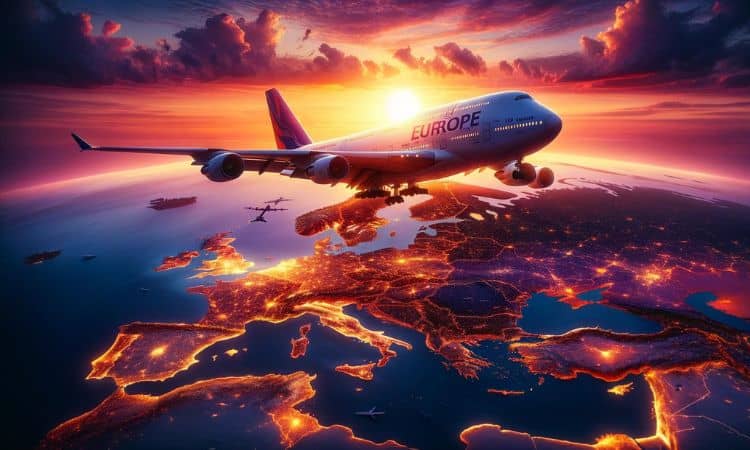avión sobrevolando el mapa de europa