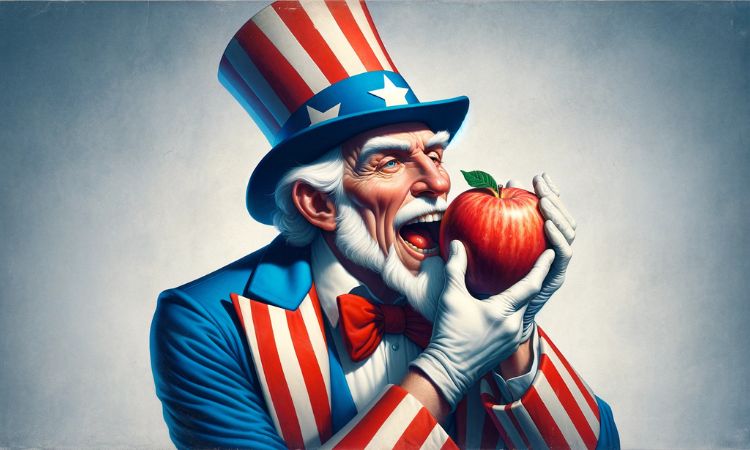 imagen del tio sam comiendo una manzana, alegoría de estados unidos multando a apple