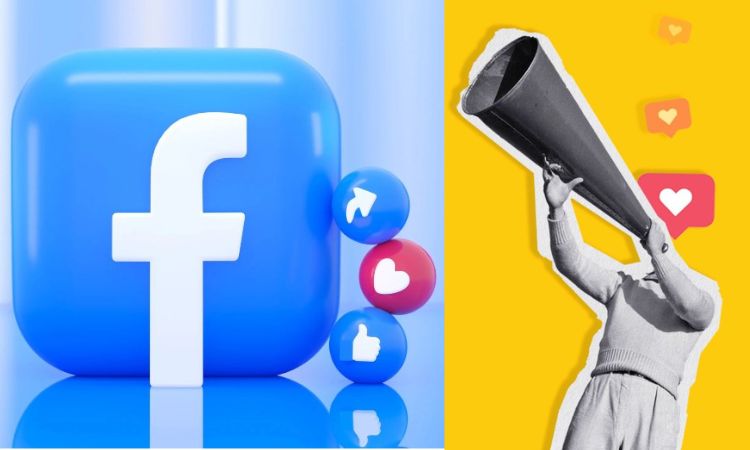 Icono de Facebook en azul con botones de reacciones alrededor; una persona con megáfono en fondo amarillo. Marketing y redes sociales.