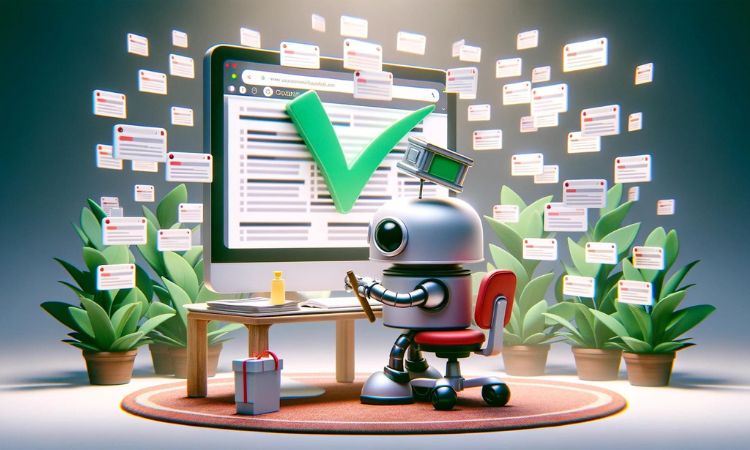Imagen en la que un pequeño robot blanco está trabajando frente a un gran ordenador clasificando las webs para posicionarlas en Google. Alrededor del ordenador flotan más ventanas y páginas.