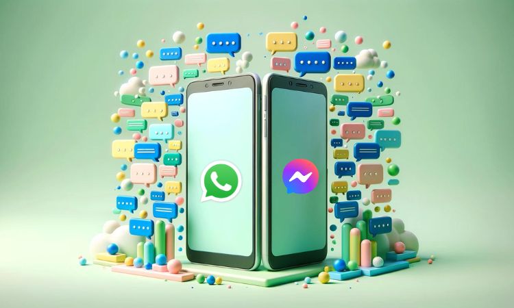Imagen de dos teléfonos móviles con chats de texto en colores pastel flotando a su alrededor, sobre un fondo verde claro. En sus pantallas se ven, en la de uno el icono de WhatsApp, y en la del otro el de Messenger