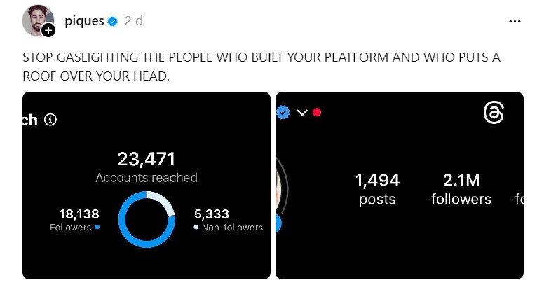 Usuario con verificaci&oacute;n critica plataforma; imagen muestra estad&iacute;sticas: Alcance de cuentas 23,471, seguidores 18,138, no-seguidores 5,333, 1,494 publicaciones, 2.1M seguidores.