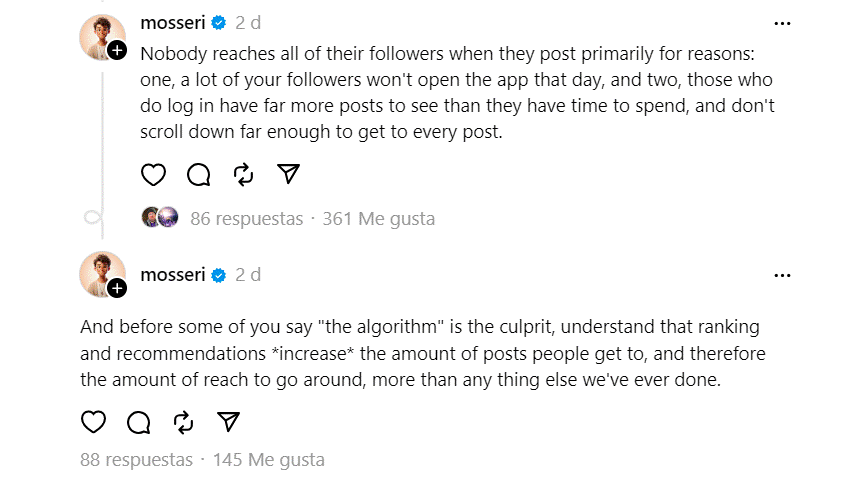 Texto de un usuario de Instagram explicando c&oacute;mo funciona el alcance de las publicaciones y el algoritmo.