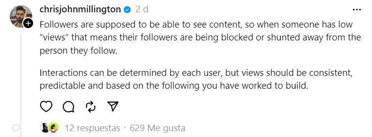 Publicaci&oacute;n destacada con texto sobre la importancia de las interacciones y las visualizaciones en redes sociales para mejorar el alcance. Contiene &iacute;conos de interacci&oacute;n y estad&iacute;sticas de participaci&oacute;n: 12 respuestas y 629 me gusta.