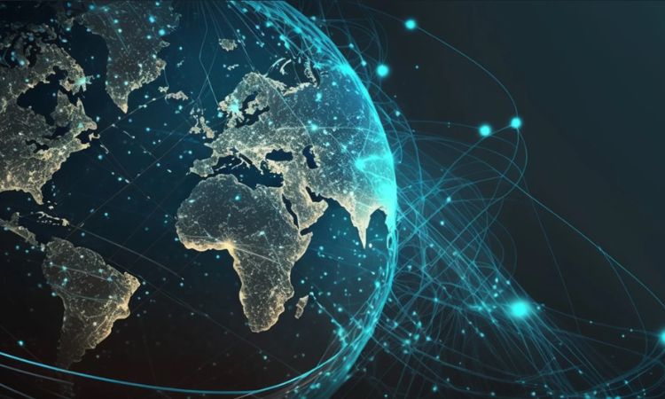 El globo terráqueo iluminado, mostrando conexiones digitales, simboliza la interconexión global en un entorno tecnológico avanzado. Conexiones, innovación, globalización.