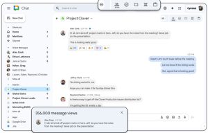 Pantalla de chat en l&iacute;nea mostrando mensajes sobre "Project Clover"; incluye panel lateral con contactos y men&uacute; superior. Texto: "265,000 message views". Ideal para marketing digital.