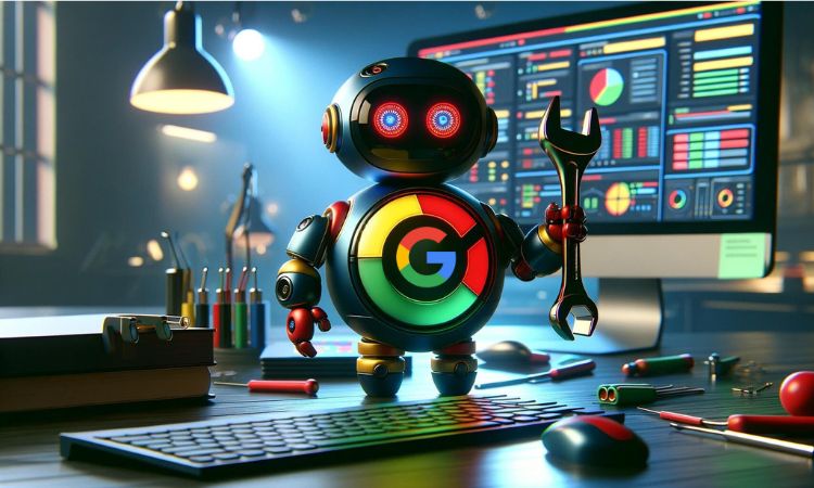 Imagen de un pequeño robot amigable que luce la G de Google en el pecho y sostiene una llave inglesa. Está sobre un escritorio, junto a un gran ordenador en cuya pantalla se ven muchas gráficas de datos en los colores de Google, representando el fin de la core update de marzo de 2024