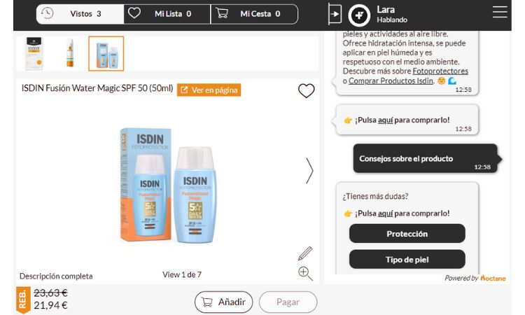 Crema solar ISDIN en caja azul y naranja, destacada con 5% descuento. Texto promocional: "&iexcl;Pulsa aqu&iacute; para comprarlo!". Precio rebajado: 21,94 &euro;.