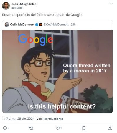Parodia de anime: personaje extiende la mano. Texto: "Resumen perfecto del &uacute;ltimo core update de Google." Ventana y &aacute;rbol al fondo.