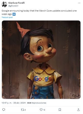 Mu&ntilde;eco con vestimenta amarilla de Google, nariz alargada, fondo oscuro. Texto: "Google announcing today that the March Core update concluded one week ago."
