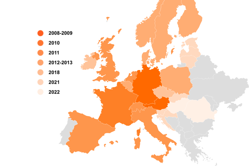 Mapa de Europa coloreado seg&uacute;n los a&ntilde;os 2008-2022, mostrando la adopci&oacute;n gradual de una tendencia. Contexto temporal y geogr&aacute;fico destacado.