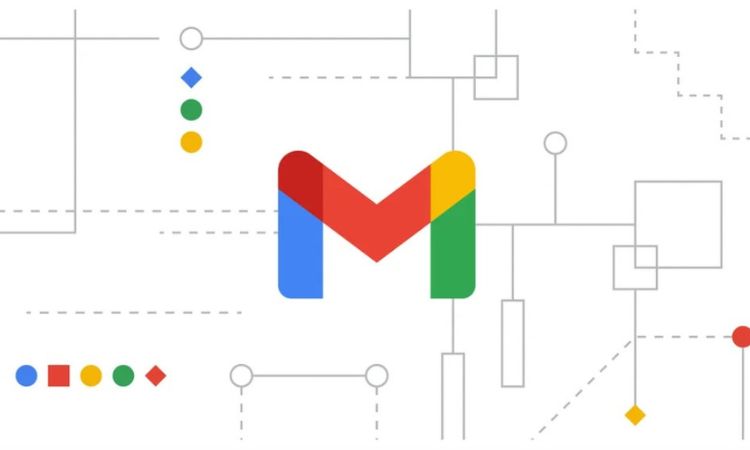 Logotipo de Gmail en colores rojo, azul, verde y amarillo, centrado sobre un fondo blanco con líneas y formas geométricas. Innovación digital.
