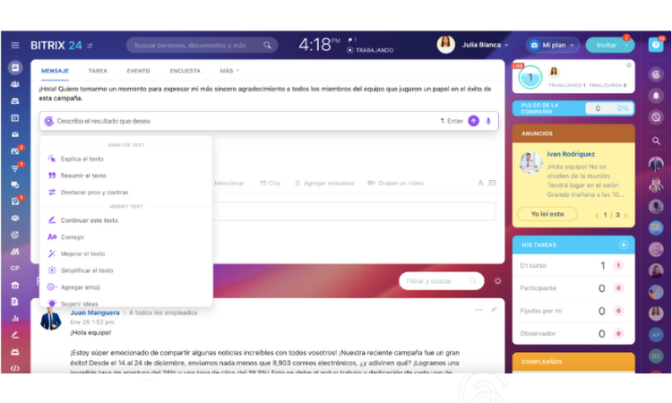 Interfaz de Bitrix24 muestra men&uacute; herramientas para textos. Panel derecha ofrece anuncios, tareas, cumplea&ntilde;os. Hora superior, barra de b&uacute;squeda arriba.