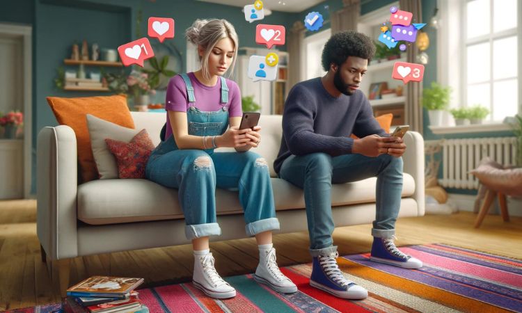 Una mujer y un hombre de entre 20 y 30 años están sentados en su salón utilizando sus respectivos teléfonos móviles, a su alrededor flotan iconos de likes, contactos y mensajes de redes sociales. La mujer es blanca y rubia, viste un peto vaquero, una camiseta morada y deportivas blancas; el hombre es negro, de pelo rizo negro y viste un jersey azul oscuro, vaqueros y deportivas azules. La imagen hace alusión al Estudio de Redes Sociales en España 2024 presentado por IAB Spain