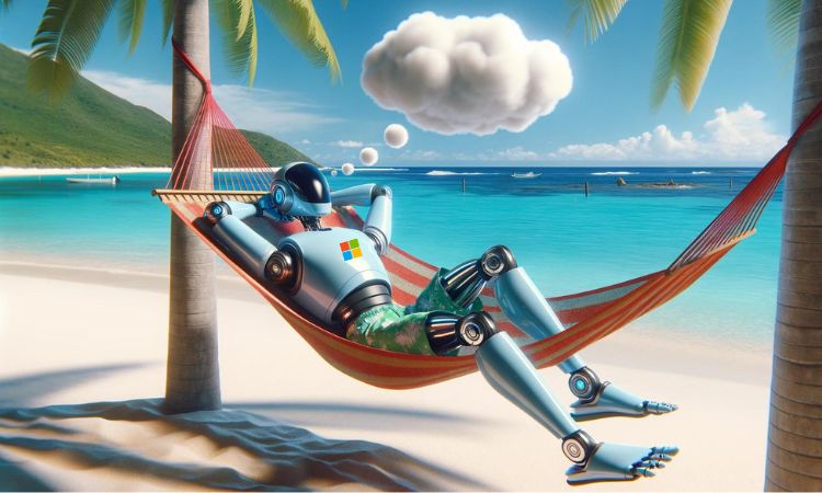 robot durmiendo sobre una hamaca en una playa caribeña