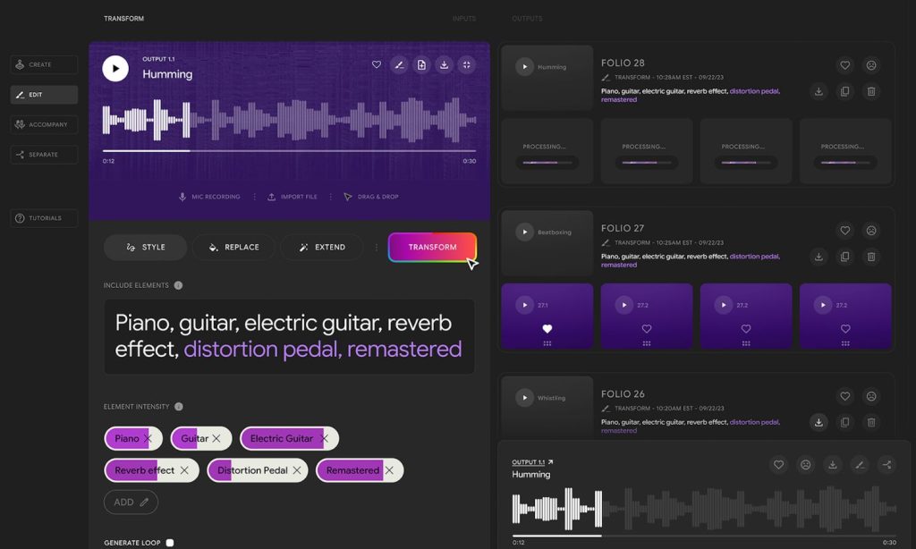 Ejemplo de la interfaz de uso de Music AI Tools de Google