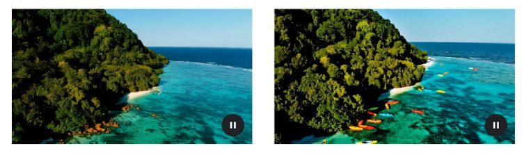 A la izquierda vemos una captura de un v&iacute;deo creado con Veo bajo el prompt "toma de drones a lo largo de la costa selv&aacute;tica de Haw&aacute;i, d&iacute;a soleado". Y a la derecha, la captura del resultado de editar ese v&iacute;deo con el prompt "toma de drones a lo largo de la costa selv&aacute;tica de Haw&aacute;i, d&iacute;a soleado. Kayaks en el agua".