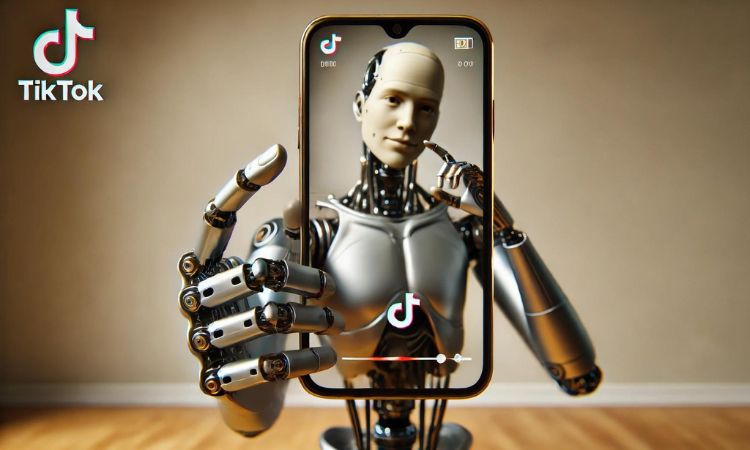 imagen de una persona grabándose para un video de TikTok, con la parte superior humana y la parte inferior robótica