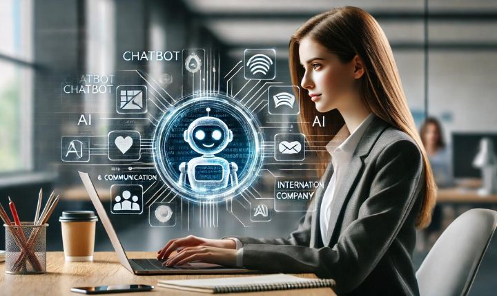 Persona usando portátil, rodeada de gráficos digitales relacionados con IA y chatbot en una oficina moderna. Texto: CHATBOT, AI, COMMUNICATION, INTERNATIONAL COMPANY.
