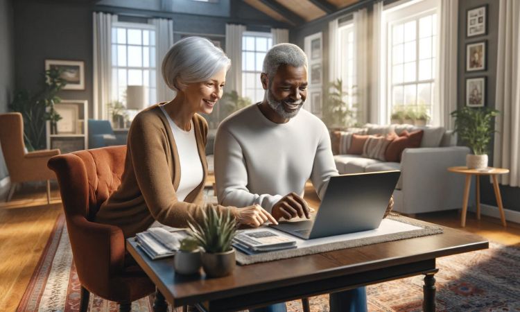 Imagen de un hombre negro y una mujer blanca, ambos de unos 50 años, utilizando un portátil para informarse antes de comprar online. Están sentados cómodamente en una mesa en el salón de su casa.