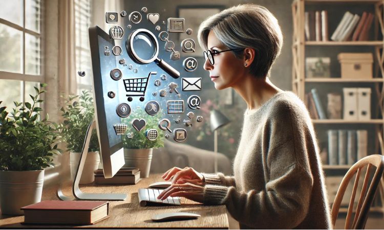 una imagen de una mujer de 50 años utilizando un ordenador. Del ordenador emergen iconos relacionados con internet: lupas de búsqueda, carritos de compra, etc