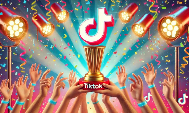 Ilustración en la que dos manos sostienen un trofeo dorado coronado con el símbolo de TikTok. A su alrededor se ven más manos alzándose hacia el cielo y celebrando, una lluvia de confeti y focos dorados que iluminan el premio.