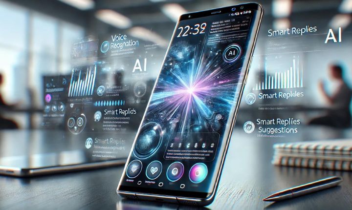 Imagen creada con IA en la que vemos un smartphone Samsung aprovechando el poder de Galaxy AI, la IA de la empresa tecnológica.