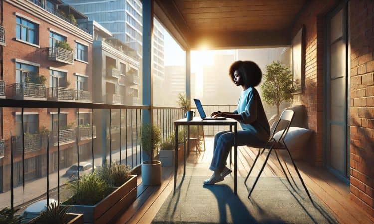 Imagen de una mujer negra de pelo corto rizo sentada en una pequeña mesita en la terraza de su piso. La mujer está usando su ordenador portátil para teletrabajar.