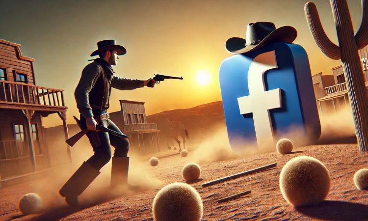 el logo de facebook atacado en un paisaje que evoca a texas