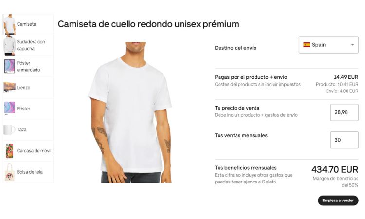 Camiseta blanca en modelo, destacada para venta online. Al lado, detalles de precios, ventas y beneficios en euros; opci&oacute;n de env&iacute;o a Espa&ntilde;a.