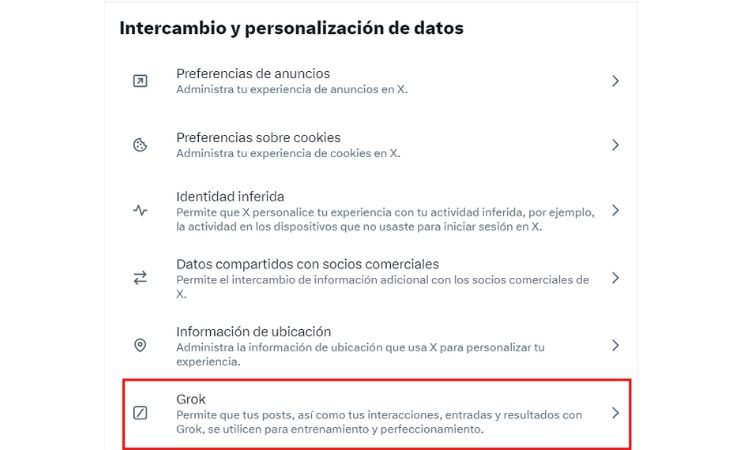 Configuraci&oacute;n de datos mostrando opciones como "Preferencias de anuncios", "Preferencias sobre cookies", y m&aacute;s relacionadas con privacidad. Subrayado: "Grok".